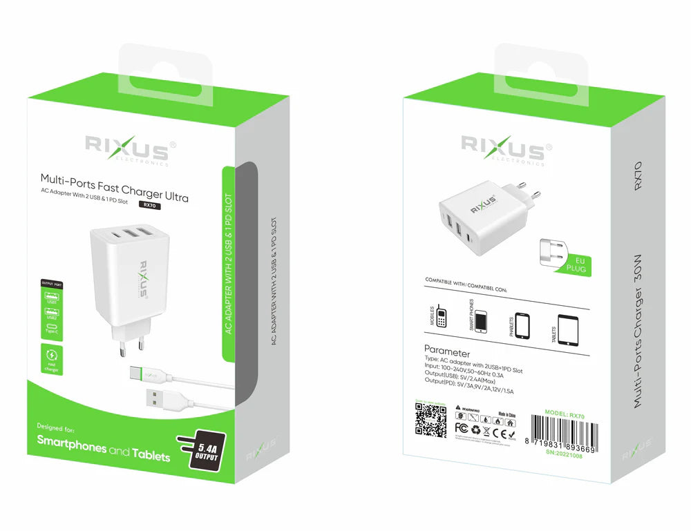 Multi-Port Ultra gyorstöltő kábellel, 30W, Fehér (100 cm)