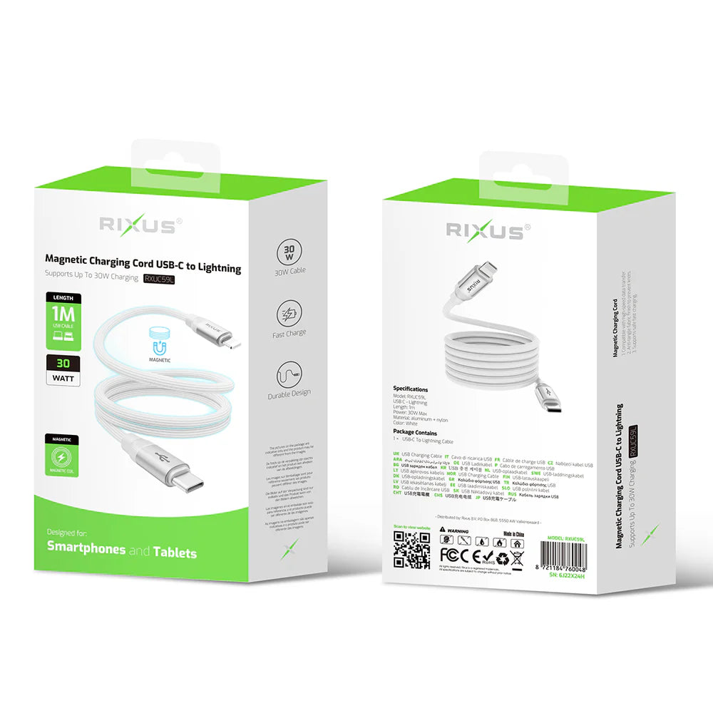Mágneses USB-C – Lightning töltőkábel, 30 W, tokkal, fehér (100 cm)