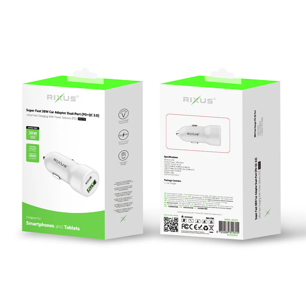 Szupergyors autóstöltő 38W (PD + QC 3.0, dupla port)