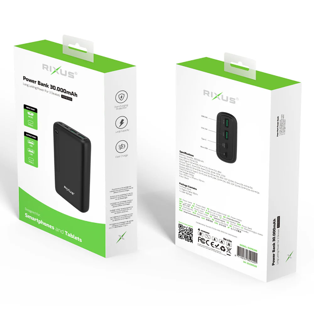 Nagy kapacitású powerbank, 30 000 mAh (fekete)