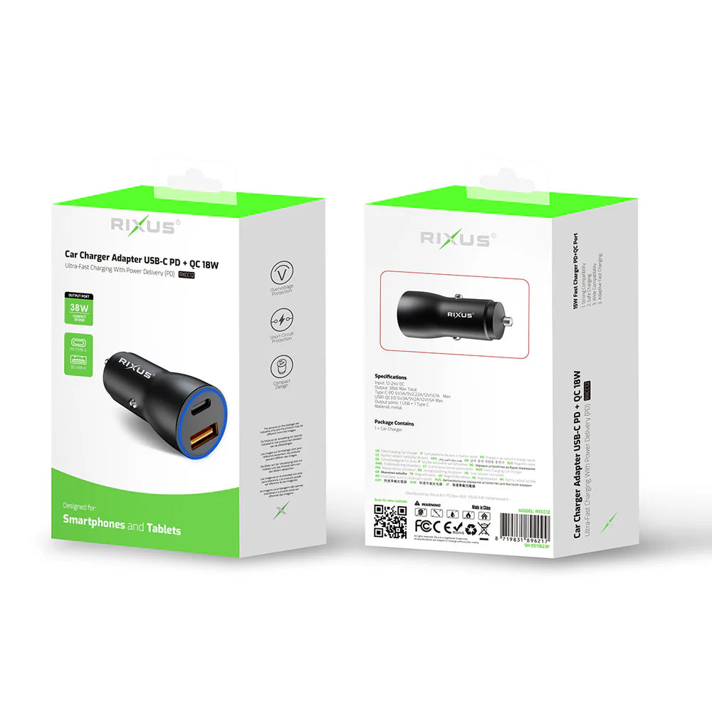 Nagy teljesítményű USB-C PD 20W + QC3.0 18W autós töltő (fekete)