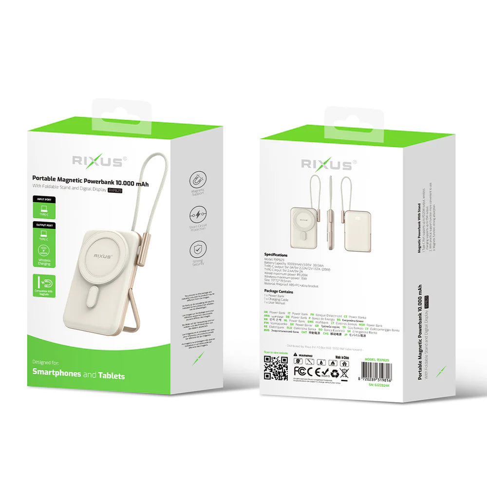 Mágneses Powerbank 10 000 mAh beépített USB-C kábellel (rózsaarany)
