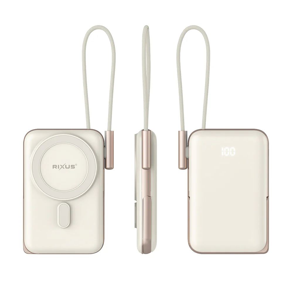 Mágneses Powerbank 10 000 mAh beépített USB-C kábellel (rózsaarany)