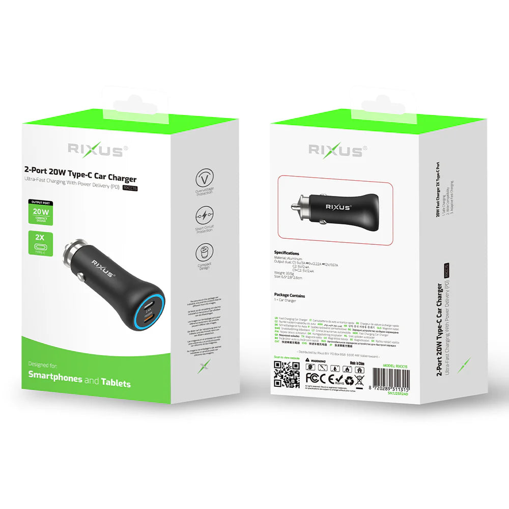 Kétportos 20 W-os USB-C autóstöltő (fekete)
