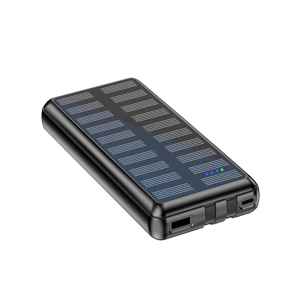 20 000 mAh-s napelemes powerbank beépített kábelekkel (fekete)