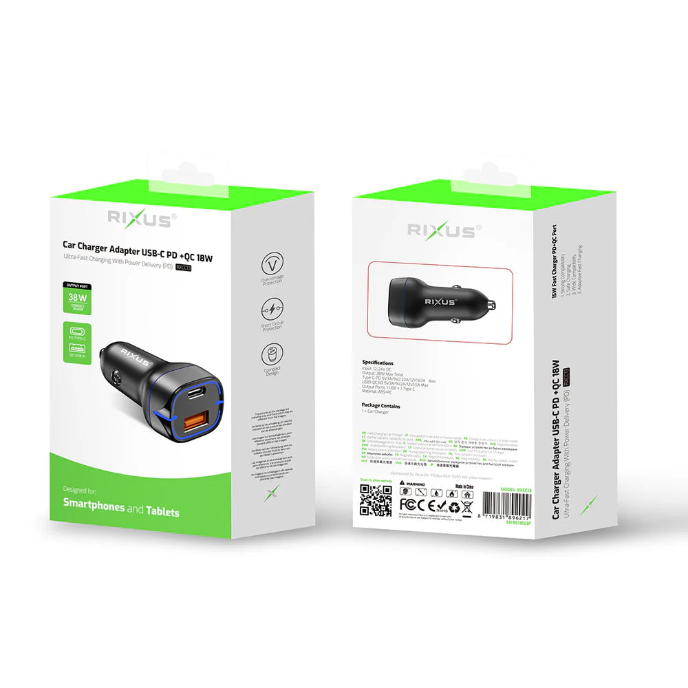 Kompakt USB-C autóstöltő PD + QC3.0 18W (Fekete)