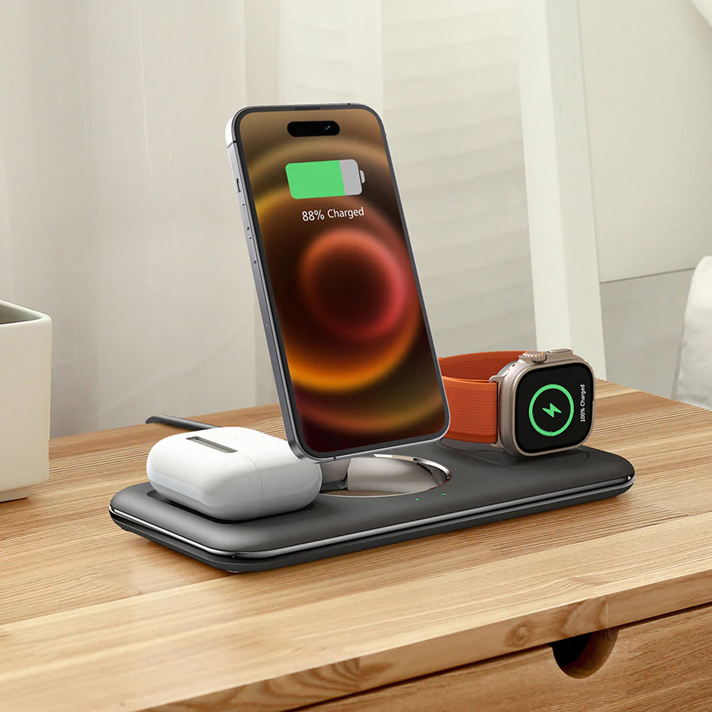 3 az 1-ben vezeték nélküli töltőállomás Apple készülékekhez, állítható (fekete)