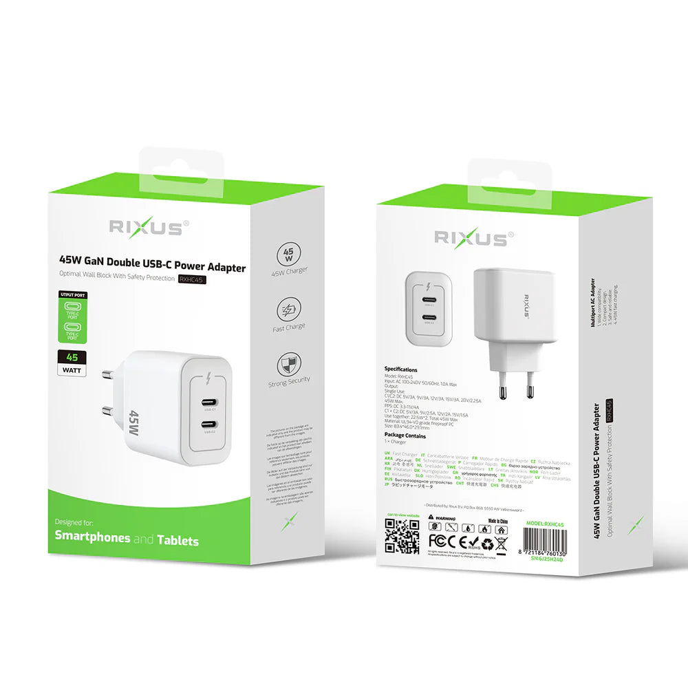 45W-os GaN kétportos USB-C hálózati adapter (fehér)