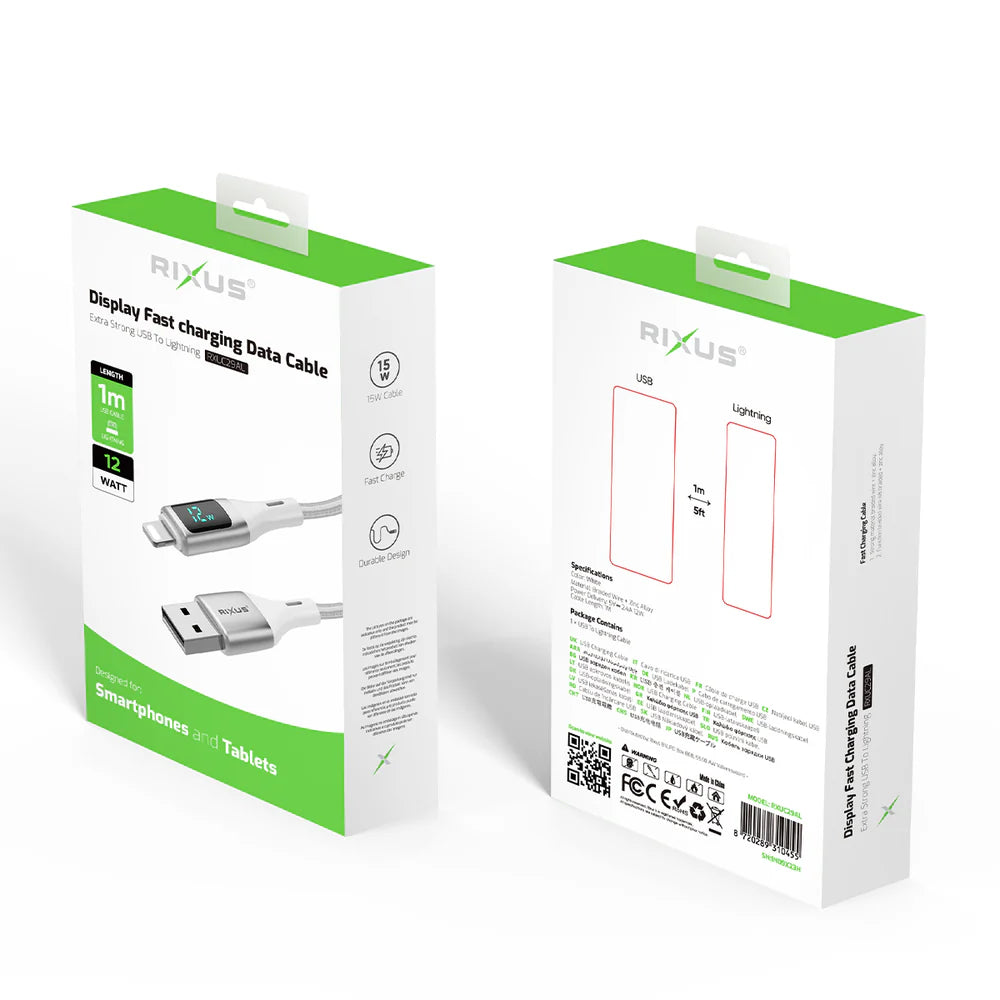 USB-A – Lightning kábel LED kijelzővel, dobozzal, fehér (100 cm)