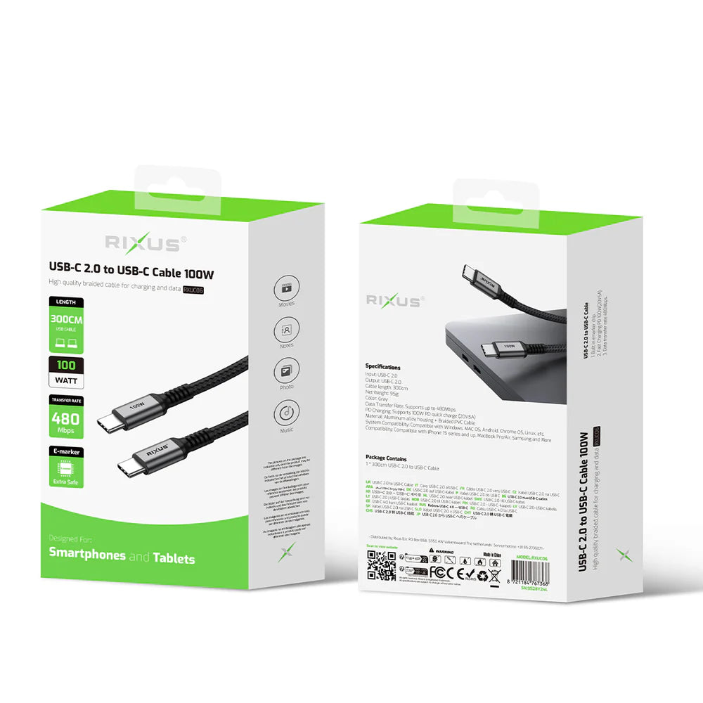 USB-C 2.0 – USB-C kábel, 100 W, dobozzal, Space Gray (300 cm)