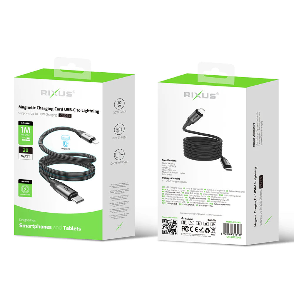 Mágneses USB-C – Lightning töltőkábel, 30 W, dobozzal, fekete, (100 cm)