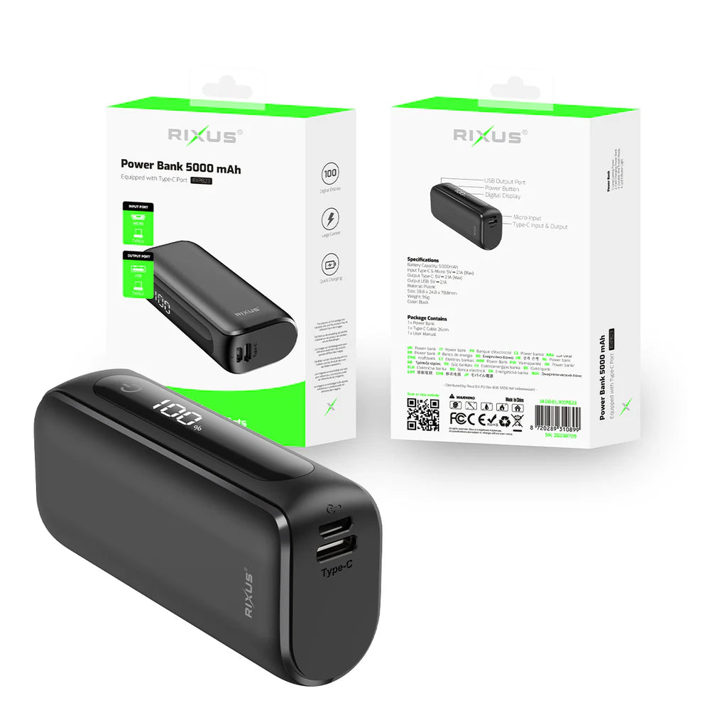 Kompakt Powerbank digitális kijelzővel 5000 mAh (fekete)