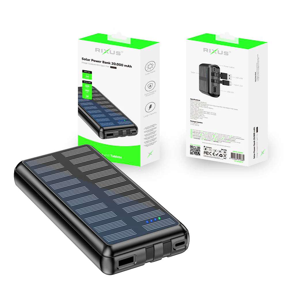 20 000 mAh-s napelemes powerbank beépített kábelekkel (fekete)