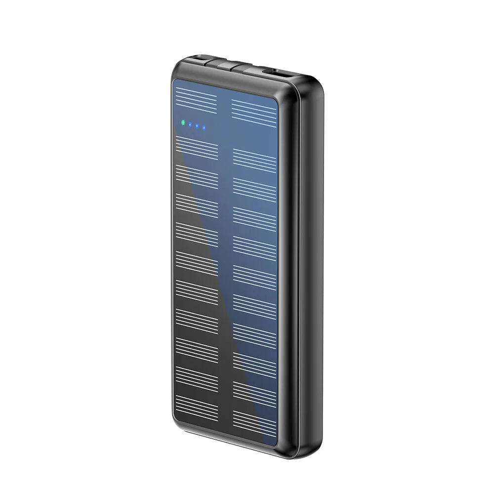 20 000 mAh-s napelemes powerbank beépített kábelekkel (fekete)